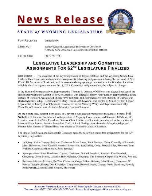 Legislative Leadership and Committee Assignments For 62nd