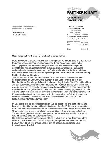 Spendenaufruf des Partnerschaftsvereins Chemnitz-Timbuktu e.V.