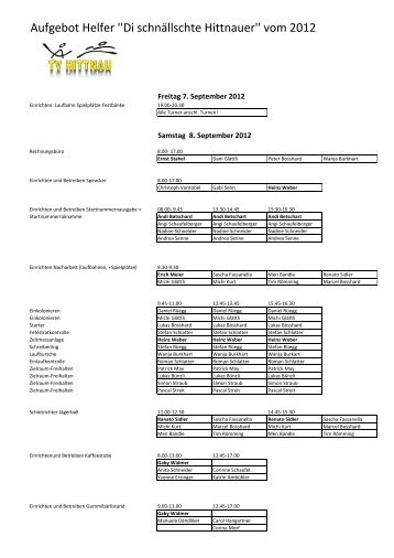 Aufgebot Helfer ''Di schnällschte Hittnauer'' vom 2012 - TV Hittnau