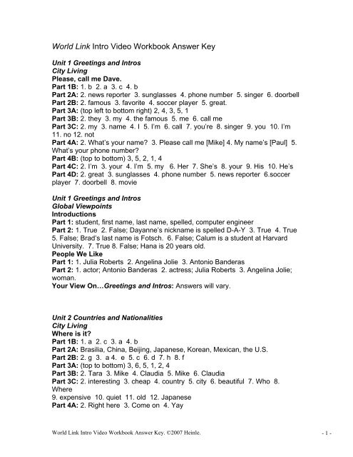 World Link Intro Video Workbook Answer Key - Heinle