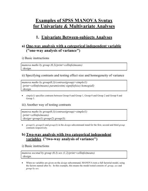 Examples of SPSS MANOVA Syntax for Univariate & Multivariate ...