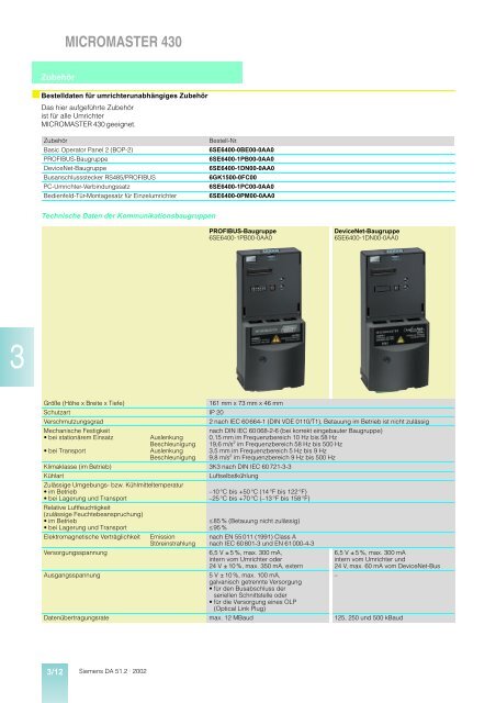 Umrichter MICROMASTER 410/420/430/440 0,12 kW bis 250 kW ...