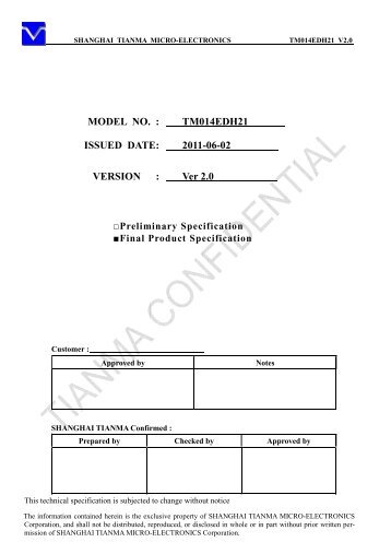 Coversheet MODEL NO. : TM014EDH21 ISSUED DATE ... - Tianma