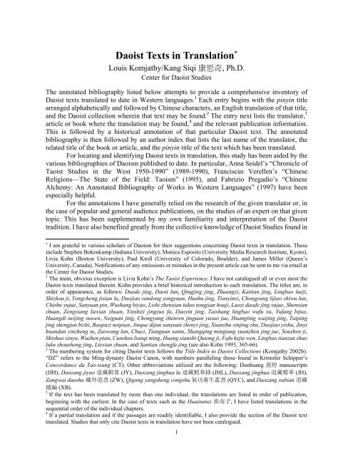 Daoist Texts In Translation Center For Daoist Studies