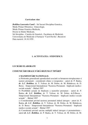 Curriculum vitae Bohîltea Laurentiu Camil - Universitatea de ...