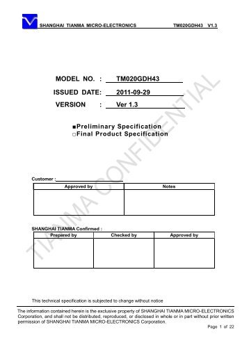 Coversheet MODEL NO. : TM020GDH43 ISSUED DATE ... - Tianma