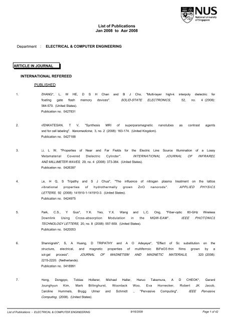 List of Publications - Department of Electrical and Computer ...