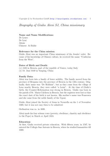 Biography of Giulio Aleni SJ, China missionary