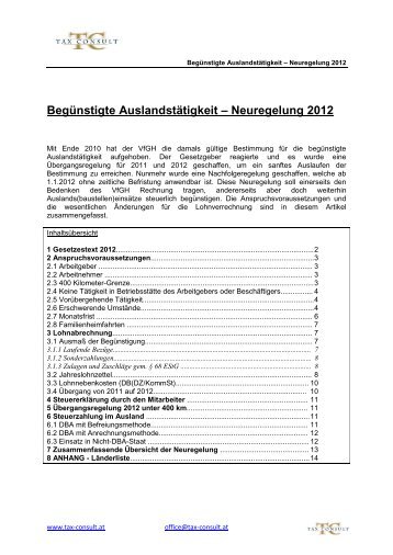 Begünstigte Auslandstätigkeit – Neuregelung 2012