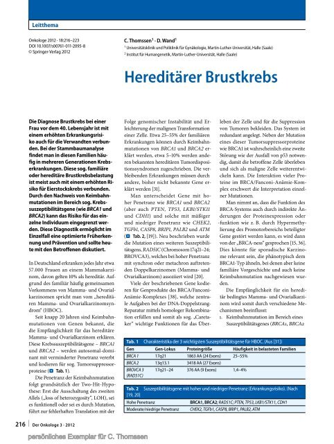 Elektronischer Sonderdruck für Hereditärer Brustkrebs C. Thomssen