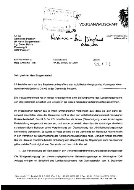 An die Gemeinde Pinsdorf zH Herrn Bürgermeister Ing. Dieter Helms