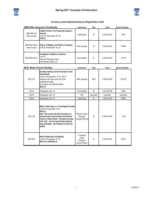 Spring 2011 Courses of Instruction - Duke Divinity School - Duke ...