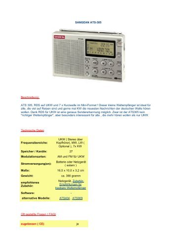 SANGEAN ATS-305 Beschreibung: ATS 305, RDS auf UKW und 7 x ...