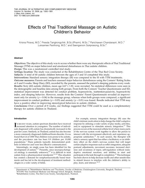 Effects of Thai Traditional Massage on Autistic Children's Behavior