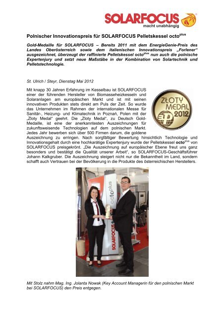 Polnischer Innovationspreis für SOLARFOCUS Pelletskessel octo plus
