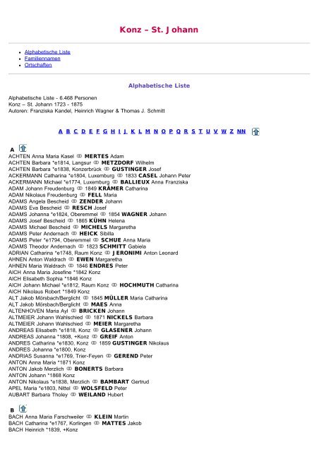 ABC-Listen zum Fmilienbuch rk. Konz - St. Johann 1723-1875 - Trier
