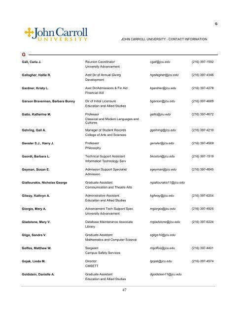 Faculty, Staff, & Administration Directory - John Carroll University