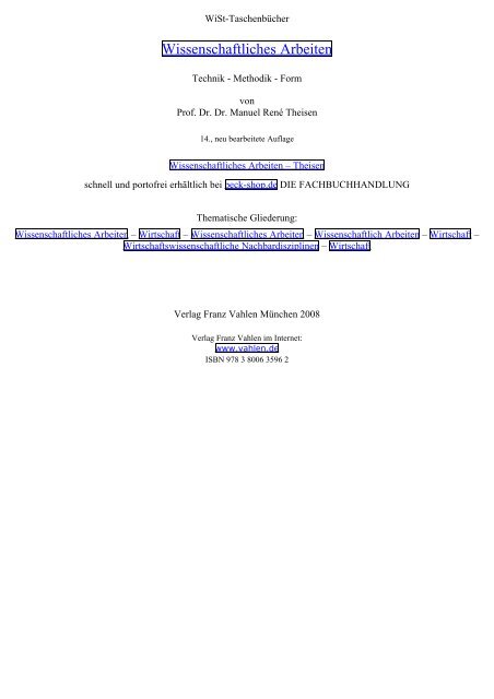 Wissenschaftliches Arbeiten - Theisen, Inhaltsverzeichnis - Vahlen