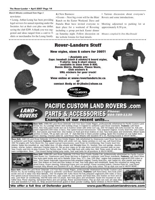 April 2007 - Rover Landers of B.C.