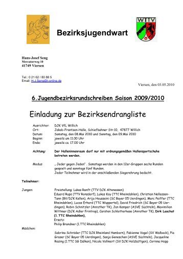Bezirksjugendwart - Tischtennis Fachschaft Oberhausen