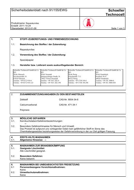 Sicherheitsdatenblatt Reparaturvlies - Technocell Vlies