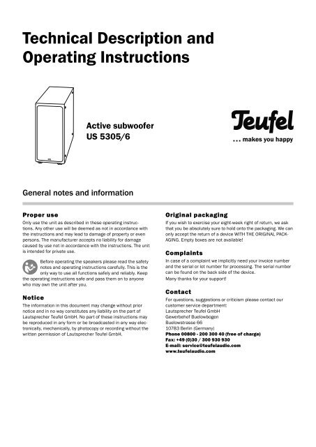 Technical Description and Operating Instructions - Teufel