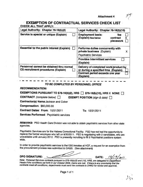 exemption of contractual services check list - State of Hawaii