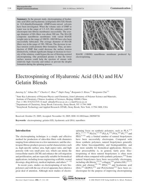 Electrospinning of Hyaluronic Acid (HA) and HA/Gelatin Blends