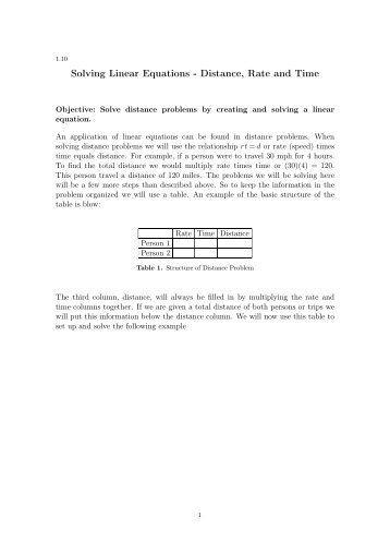 Solving Linear Equations - Distance, Rate and Time - Wallace Math ...