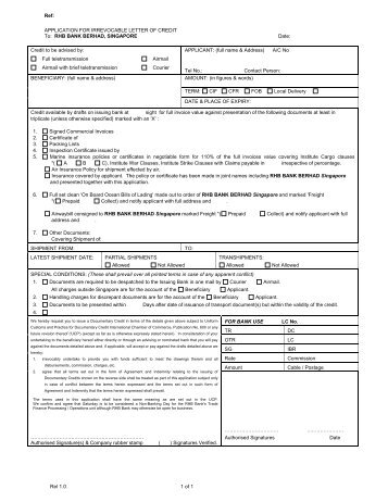 APPLICATION FOR IRREVOCABLE LETTER OF CREDIT - RHB Bank