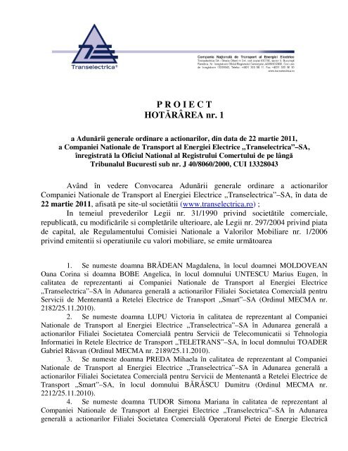 P R O I E C T  HOTĂRÂREA nr. 1 - Transelectrica