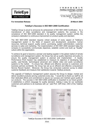 TeleEye's Success in ISO 9001:2000 Certification