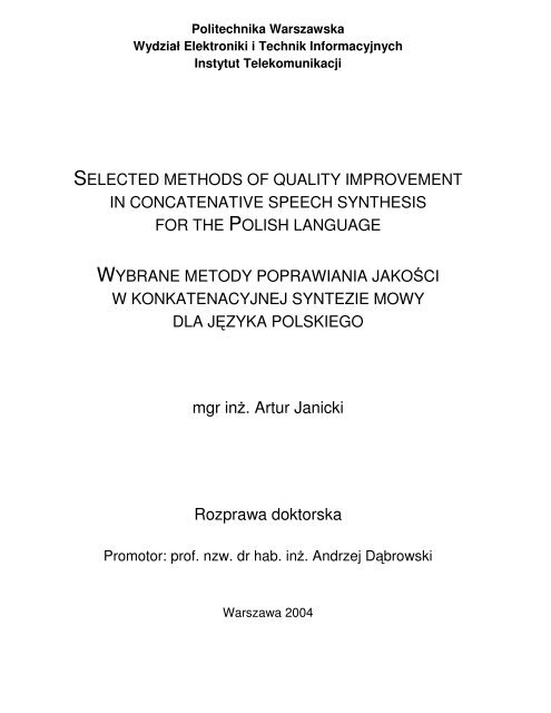 selected methods of quality improvement in concatenative speech ...