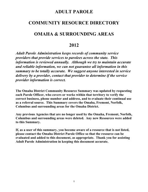 Adult parole community resource directory omaha - Nebraska ...