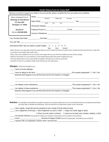 1 Health History Form for Camp Staff - Windridge Tennis Camps