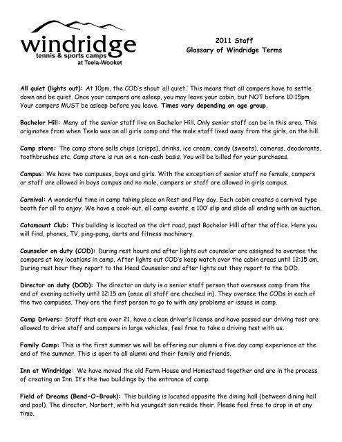 2011 Staff Glossary of Windridge Terms - Windridge Tennis Camps