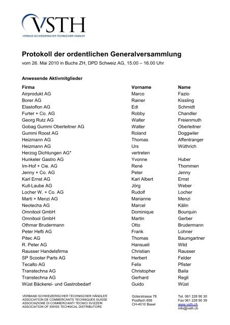 Protokoll der ordentlichen Generalversammlung - VSTH