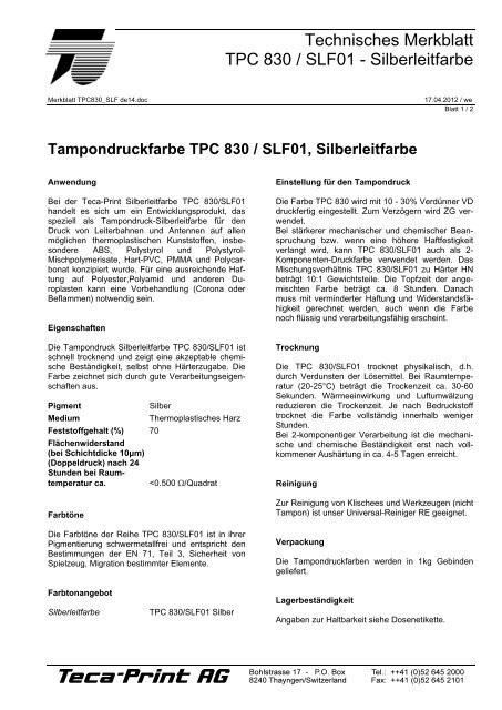 Tampondruckfarbe TPC 830 / SLF01, Silberleitfarbe - Teca-Print AG