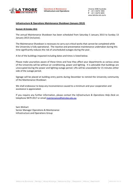 Annual Electrical Shutdown - La Trobe University