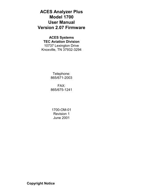 ACES Analyzer Plus Model 1700 User Manual ... - ACES Systems