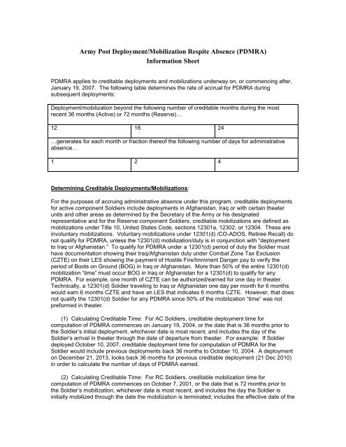 Army Post Deployment/Mobilization Respite Absence (PDMRA ...