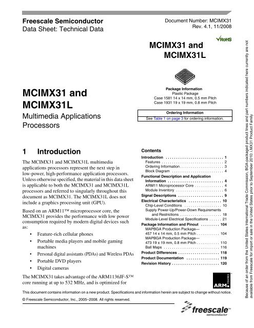 i.MX31 and i.MX31L Multimedia Applications Processors Data Sheet