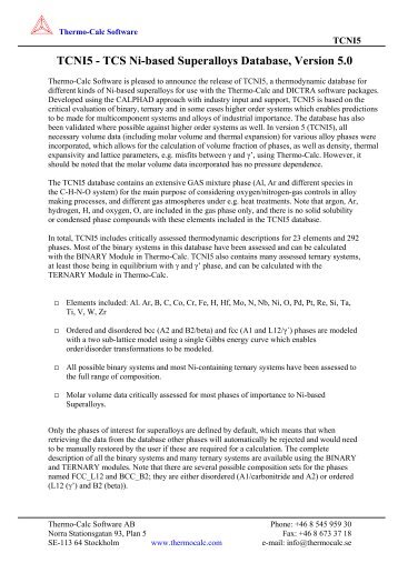 TCNI5 - TCS Ni-based Superalloys Database, Version 5.0