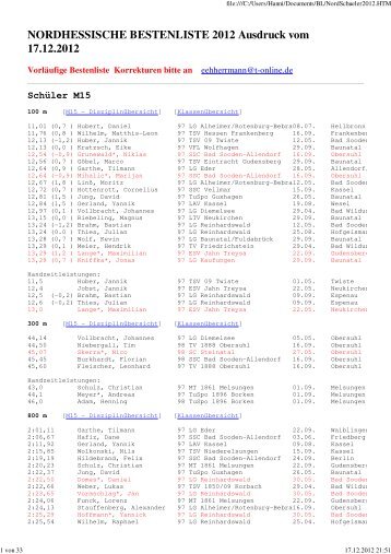 NORDHESSISCHE BESTENLISTE 2012 ... - HLV Region Nord