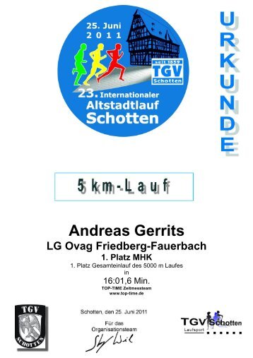 Urkunde 5 km - Oberhessen Cup