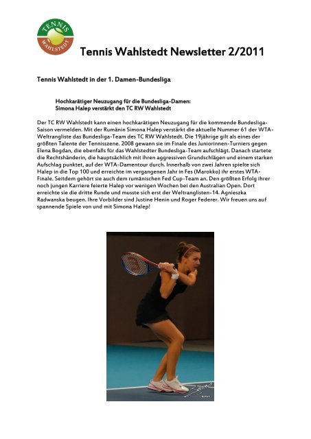 Tennis Wahlstedt Newsletter 2/2011 Inhalt: - Topspin Tennis Wahlstedt