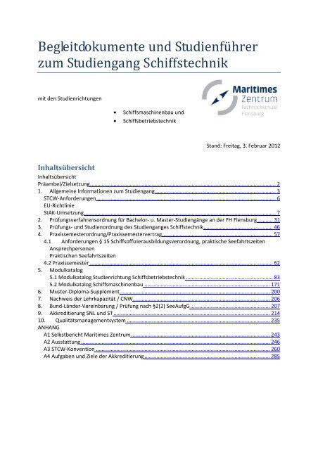 Begleitdokumente und Studienführer zum Studiengang Schiffstechnik