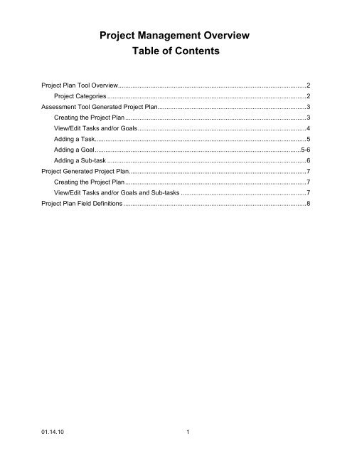 Project Plan Table Of Contents