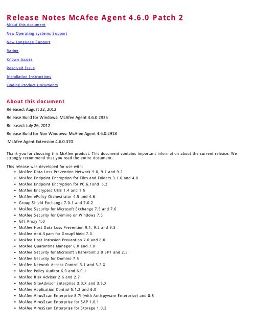 Release Notes McAfee Agent 4.6.0 Patch 2