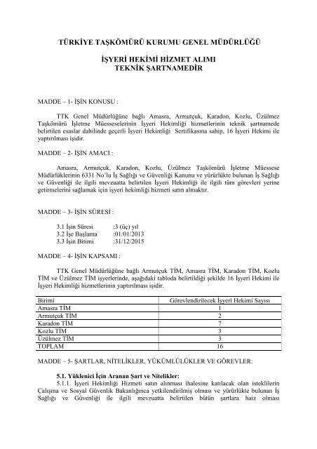Isyeri Hekimi Hizmet Alimi Teknik Sartnamesi Turkiye Taskomuru